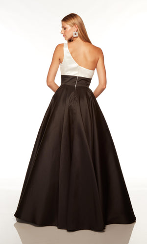 Elegant one shoulder dress with a zip up back and pockets, in black and white.