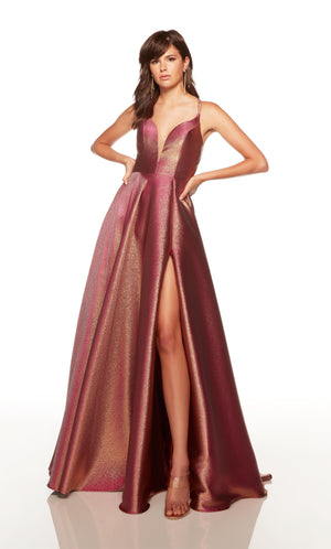Pink and gold iridescent dress with a plunging neckline and zipper side slit. COLOR-SWATCH_1768__FUCHSIA-GOLD