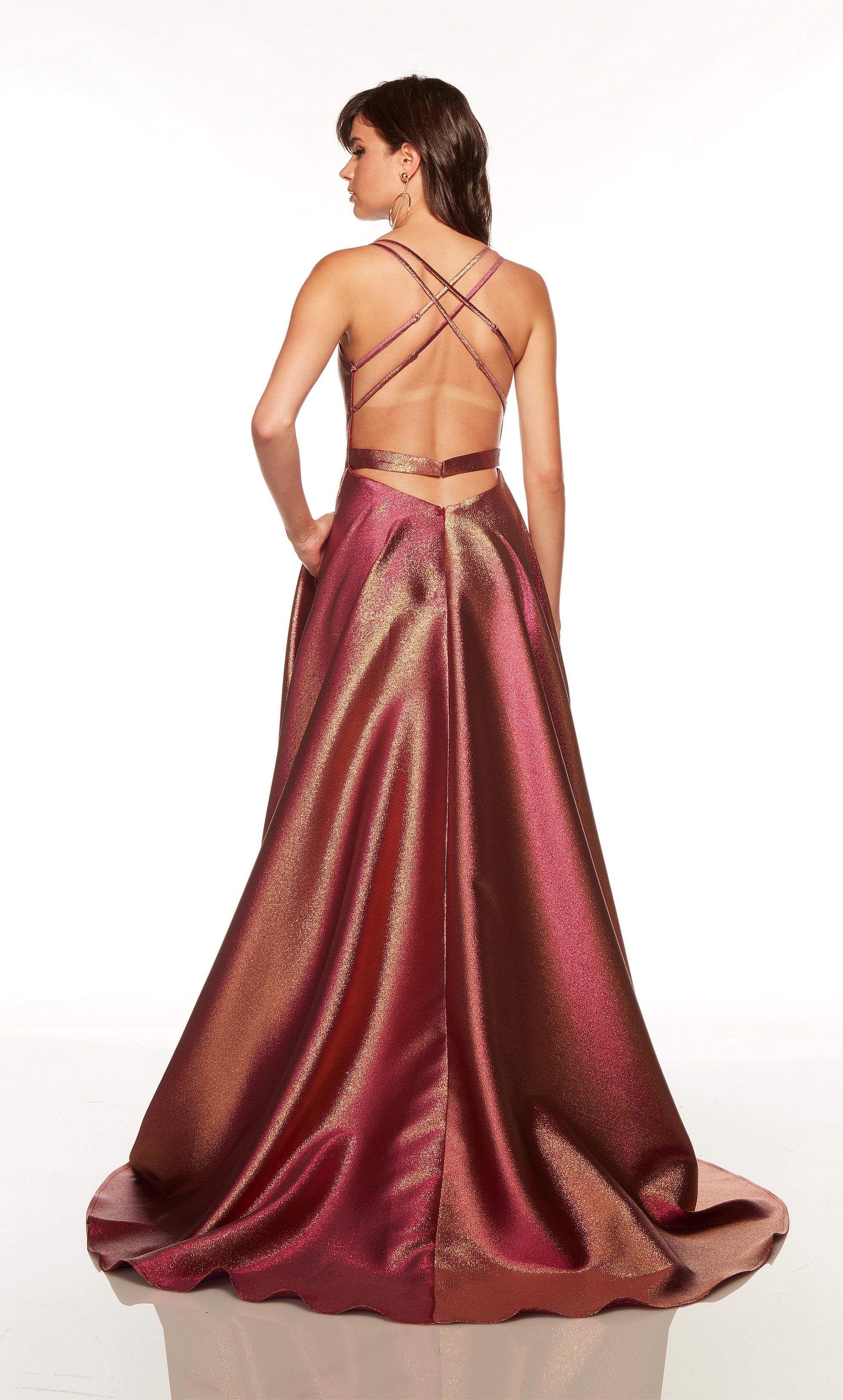 Pink and gold iridescent dress with a plunging neckline and zipper side slit. COLOR-SWATCH_1768__FUCHSIA-GOLD