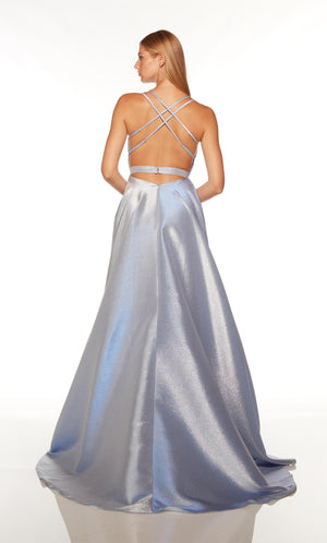 Light blue prom dress with an adjustable strappy back and train.
