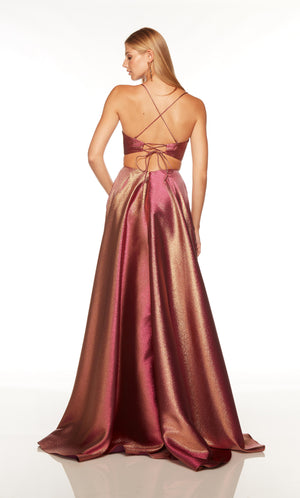 Iridescent dress with a strappy lace up back and train, in pink and gold.