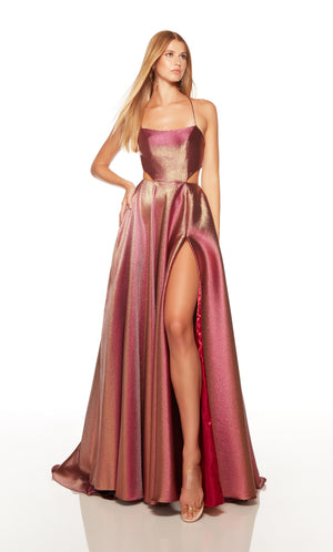Sexy prom dress with side cutouts, pockets, and high slit.