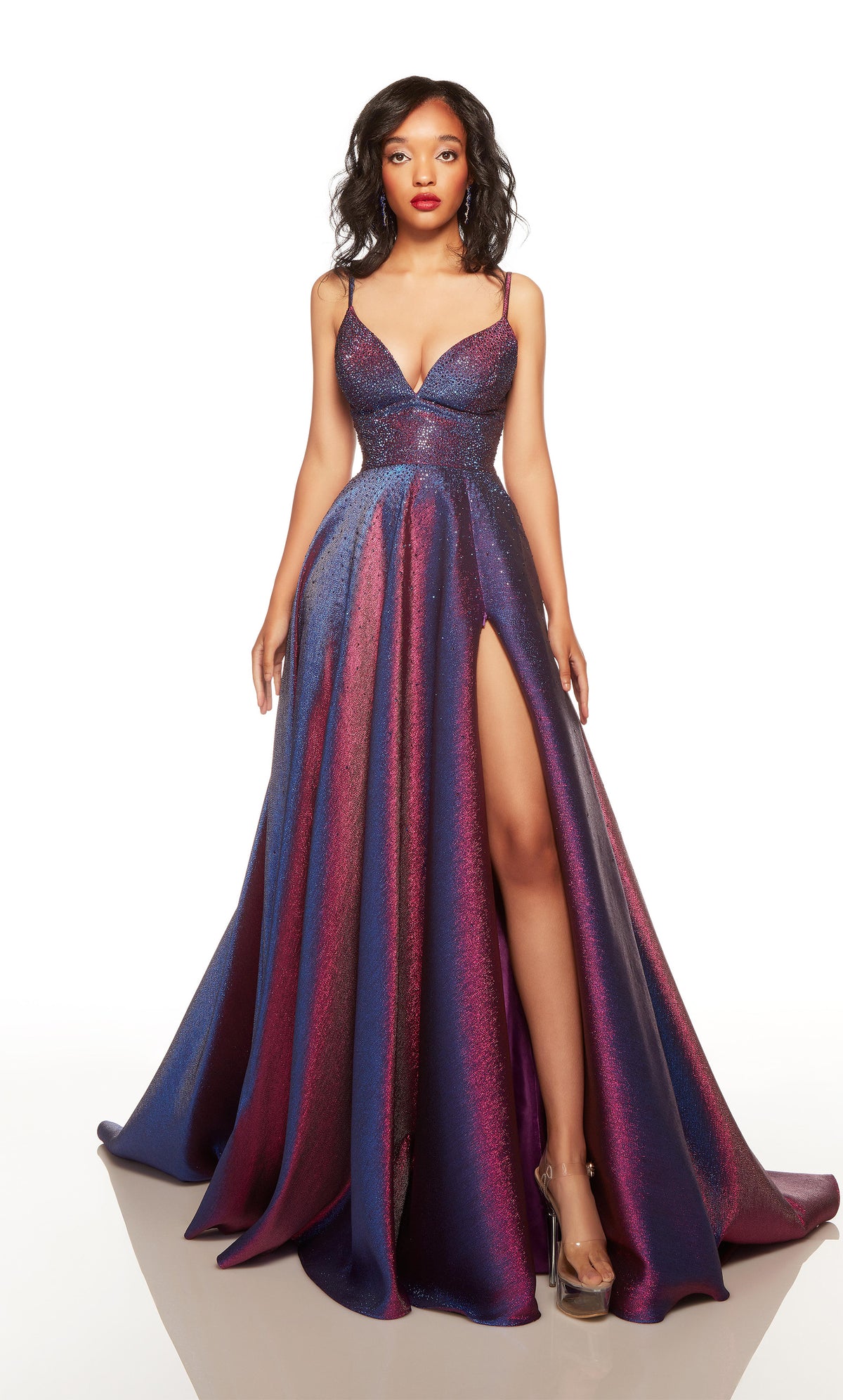 Purple iridescent prom dress with a V neckline and adjustable zipper front slit. COLOR-SWATCH_1770__BLUEBERRY