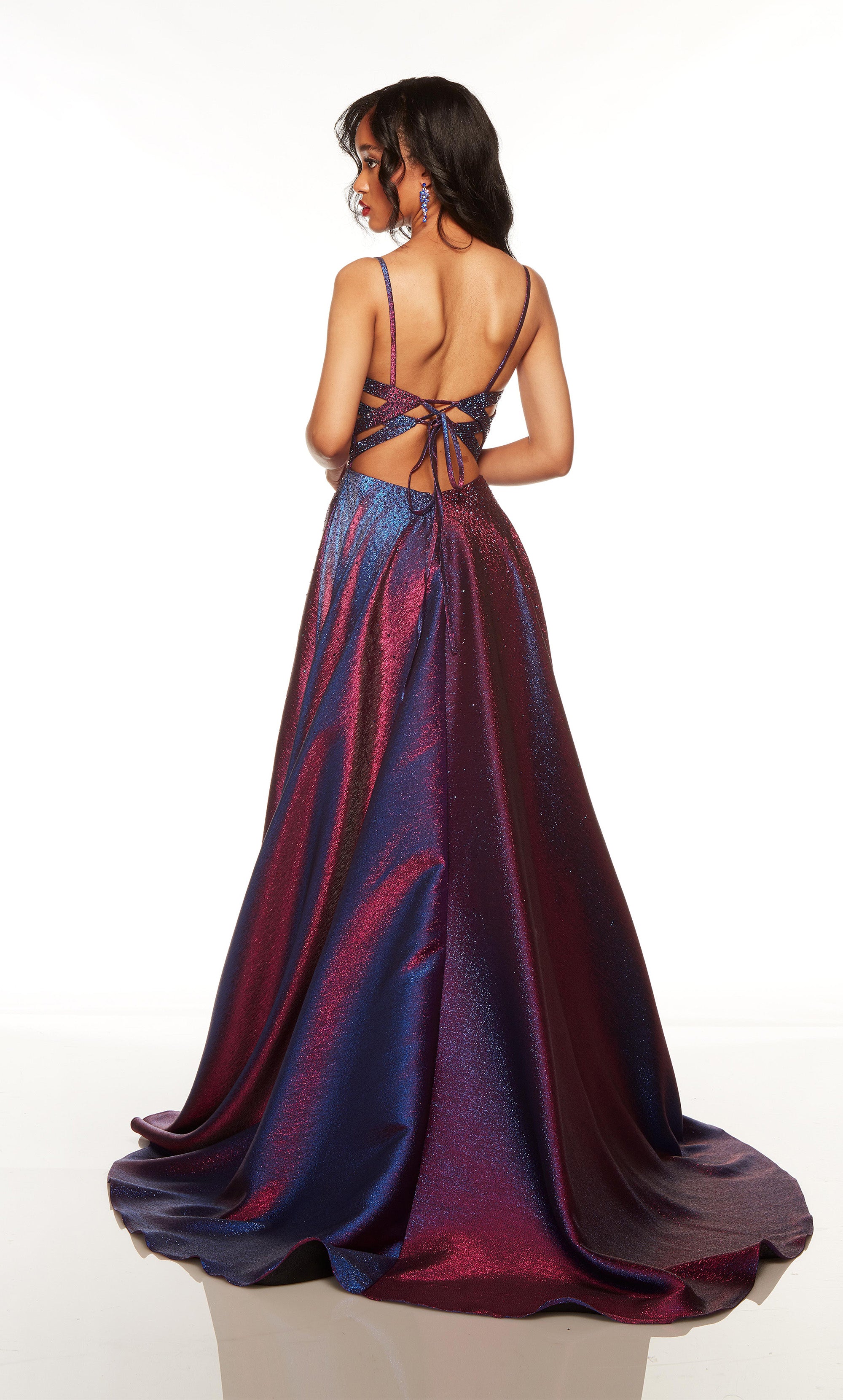 Purple iridescent prom dress with a V neckline and adjustable zipper front slit. COLOR-SWATCH_1770__BLUEBERRY