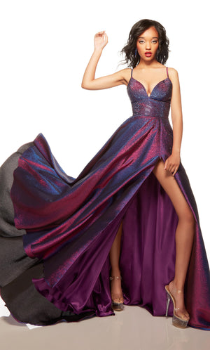 Purple iridescent prom dress with a V neckline and adjustable zipper front slit.