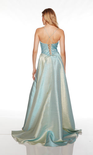 Criss-cross back gown with train in blue-gold iridescent sequins.
