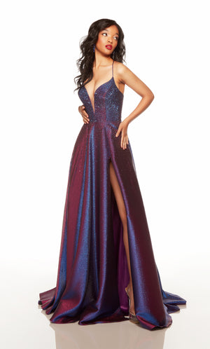 A line purple-blue iridescent prom dress with a plunging neckline and adjustable zipper slit. COLOR-SWATCH_1771__BLUEBERRY