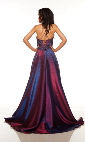 Criss-cross back gown with train in iridescent purple-blue.
