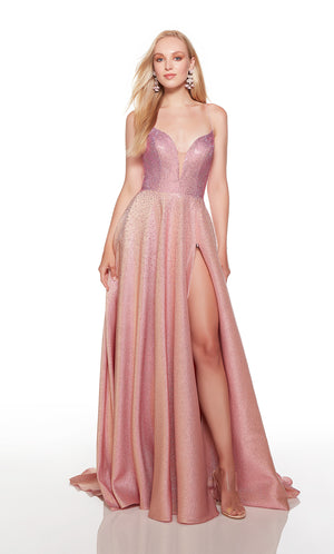 A line pink-gold iridescent prom dress with a plunging neckline and adjustable zipper slit. COLOR-SWATCH_1771__PINK-GOLD