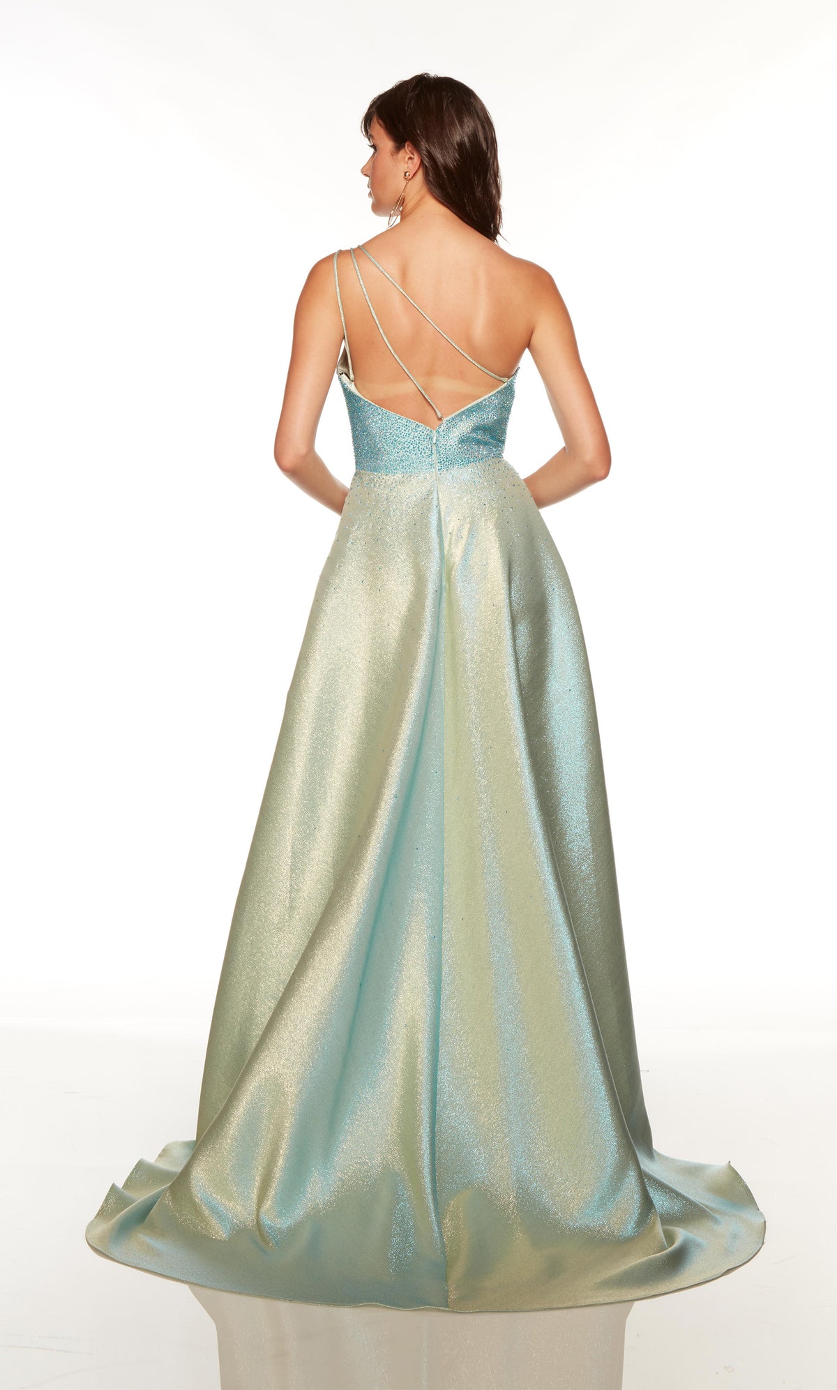 One shoulder sparkly formal dress with strappy back and train in iridescent blue-gold.