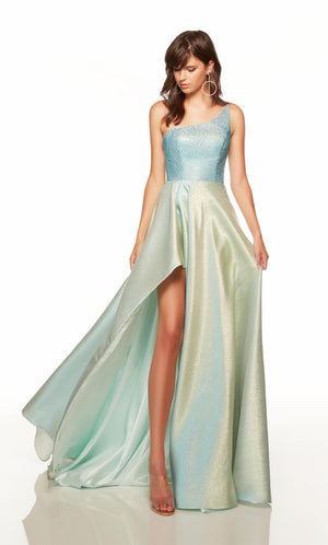 Sparkly prom dress with a one shoulder neckline and high slit in iridescent blue-gold.