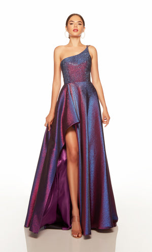Purple-blue iridescent one shoulder prom dress with front slit. COLOR-SWATCH_1772__BLUEBERRY