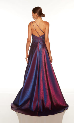 One shoulder sparkly formal dress with strappy back and train in iridescent purple-blue.