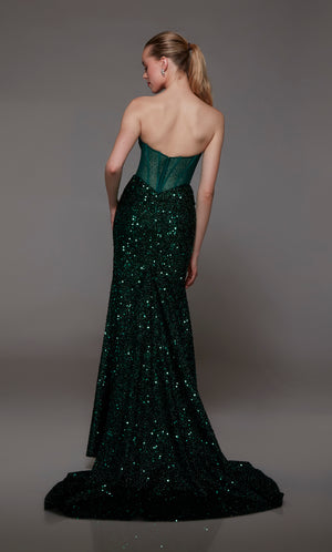 Captivating green strapless prom dress with intricate sequin detailing, corset bodice with an zip up back, and an graceful train for an red-carpet-worthy look.