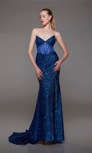 Captivating royal blue strapless prom dress with intricate sequin detailing, corset bodice, alluring slit, and an graceful train for an red-carpet-worthy look.