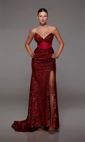 Captivating wine strapless prom dress with intricate sequin detailing, corset bodice, alluring slit, and an graceful train for an red-carpet-worthy look.