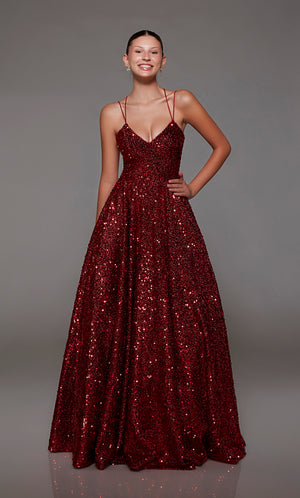 Elegant red A-line prom dress with an V-neck, adorned with sequins, dual straps, and an charming lace-up back.