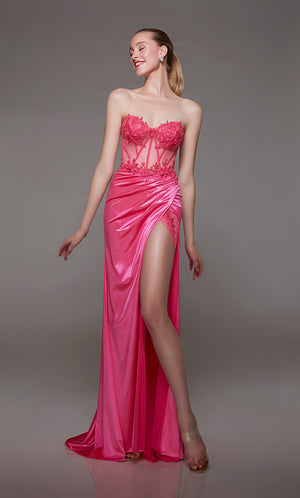 Neon pink corset prom dress: sheer bodice, ruching, high slit, lace-up back, train. Stretch satin with beaded lace accents for an dazzling look.