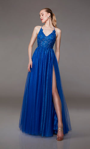Royal blue glitter tulle A-line prom dress: plunging V neckline, front slit, crisscross back straps, and train. A dazzling choice for an vibrant and stylish look.
