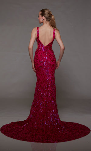 Chic formal gown: V-shaped back, delicate sequin embellishments, captivating raspberry pink hue for an glamorous and stylish look.