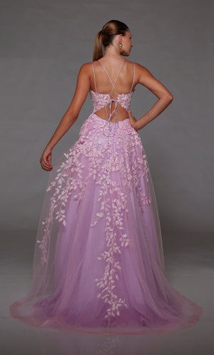 Pink-lilac ball gown: sheer corset bodice, high front slit, lace-up back, train. Floral lace appliques throughout for an touch of enchanting elegance.