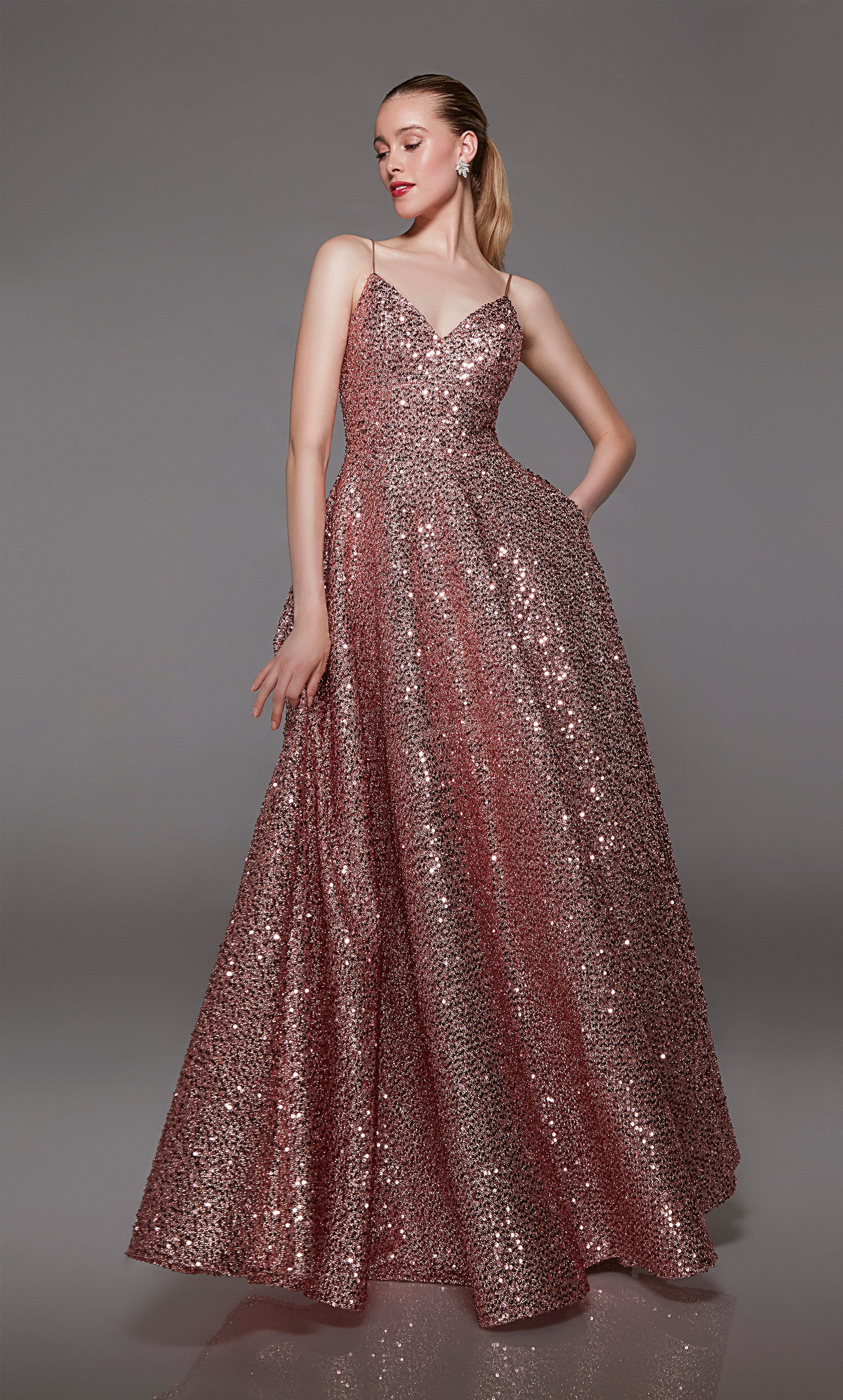 Pink sequin designer dress: A-line silhouette, pockets, V-neckline, and an chic V-shaped back for an stylish and glamorous look.
