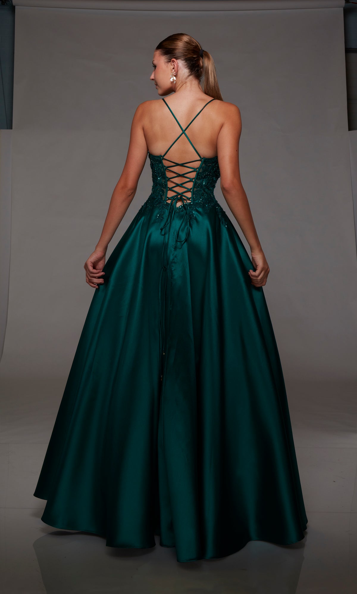 Pine corset ball gown: V-neckline, sheer floral lace bodice, full mikado skirt, lace-up back for an captivating and timeless look.
