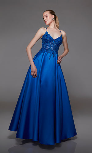 Royal blue corset ball gown: V-neckline, sheer floral lace bodice, full mikado skirt, lace-up back for an captivating and timeless look.
