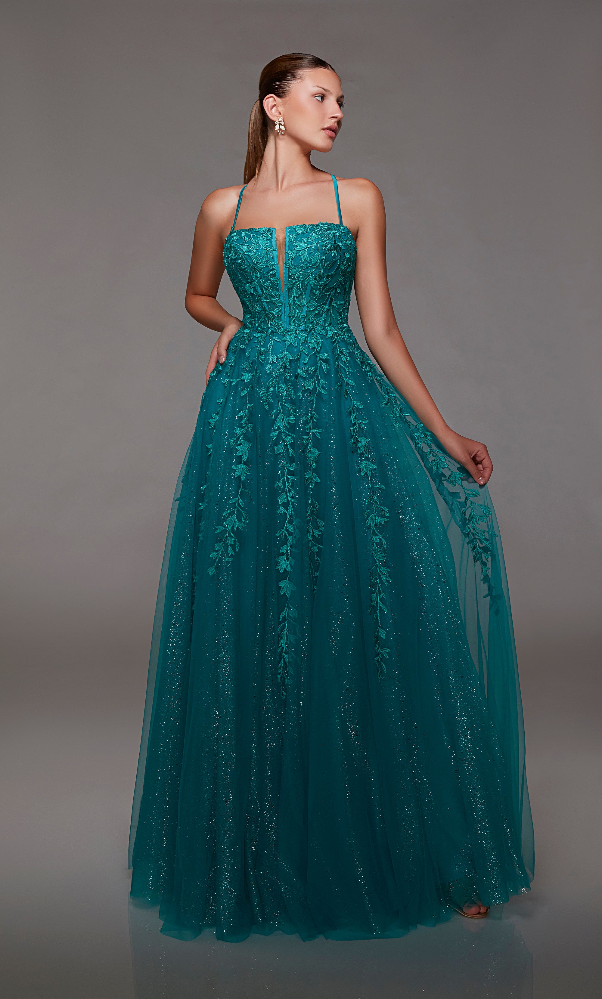 Lapis blue square neck ball gown prom dress: Glitter tulle, corset bodice, adorned with floral lace appliques, and an captivating strappy lace-up back.