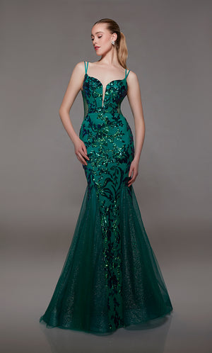 Pine green mermaid dress: Plunging neckline, sequin flowers, sheer side cutouts, and dual straps for an stunning and sophisticated look.