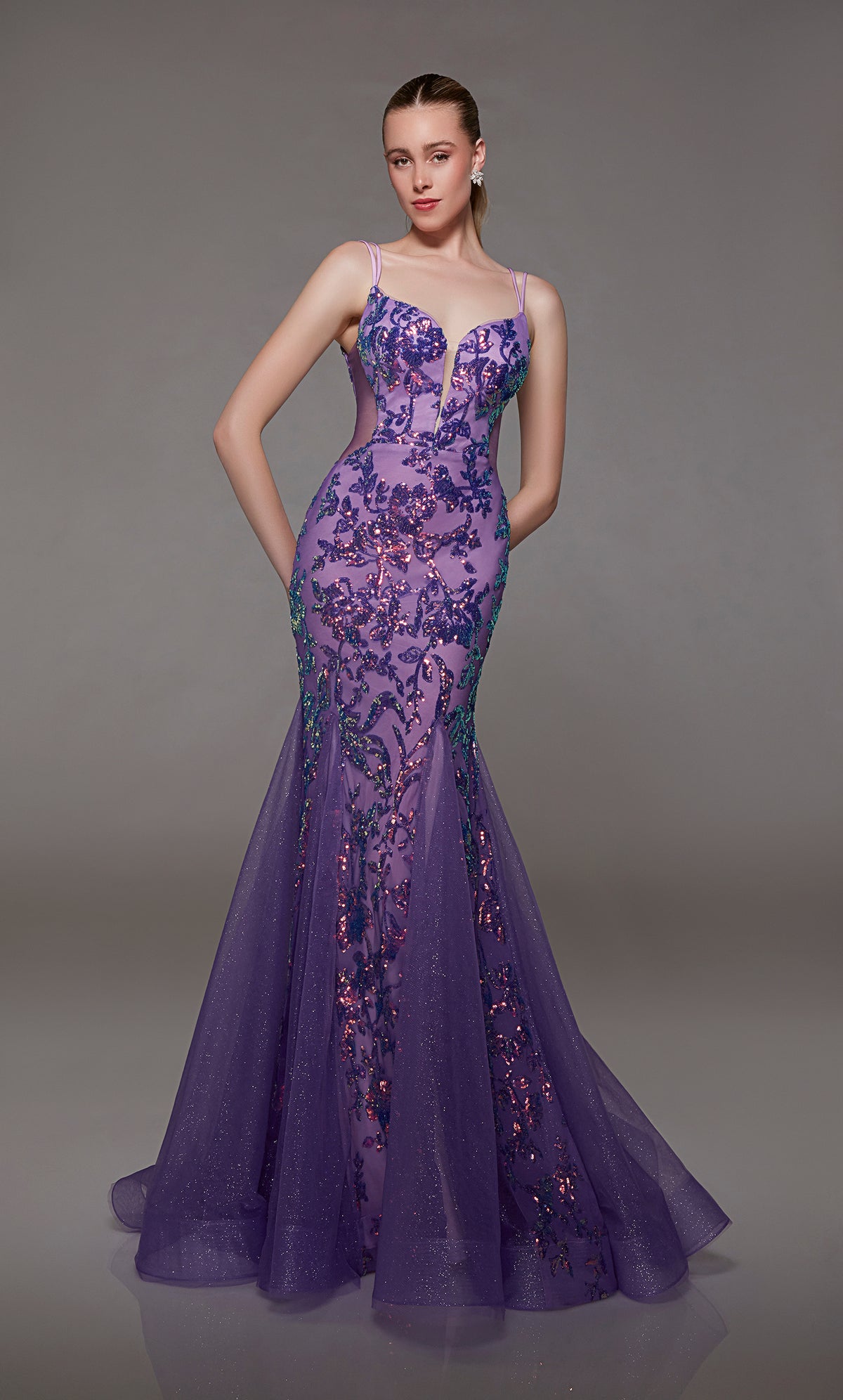 Purple-pink mermaid dress: Plunging neckline, sequin flowers, sheer side cutouts, and dual straps for an stunning and sophisticated look.