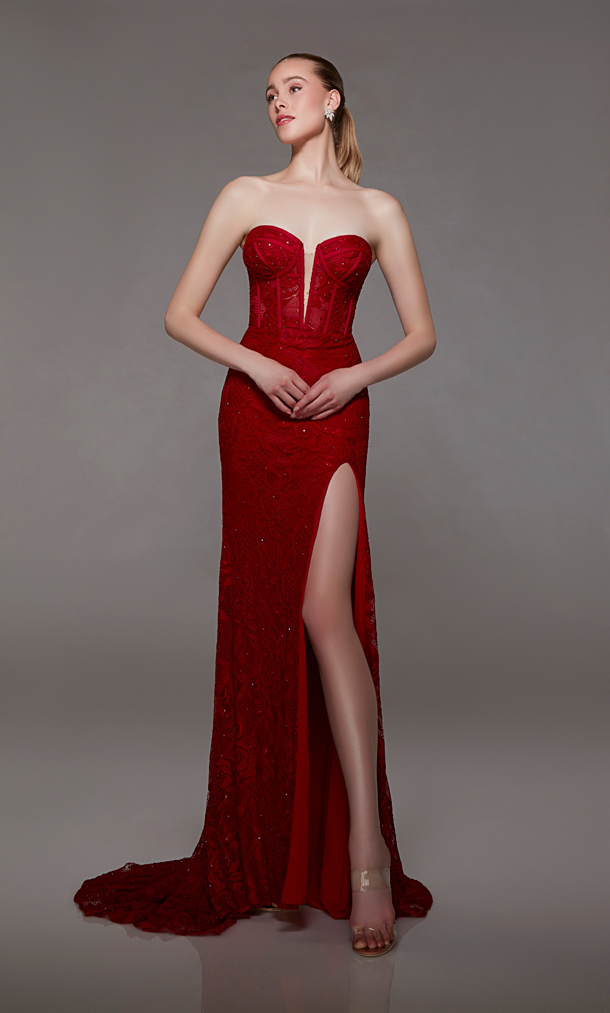 Strapless Satin Sheath Prom Dresses with Slit Lace Up Back Pageant
