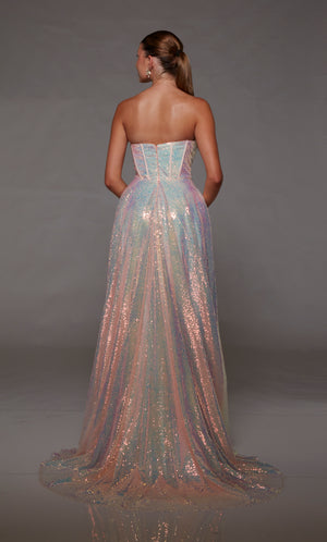 Iridescent sequin pink opal prom dress: Corset bodice, high slit, zip-up back, and train for an dazzling and elegant ensemble.