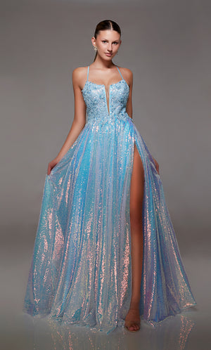 Iridescent ice blue sequin designer prom dress with an plunging neckline, floral lace appliques, high slit, zip-up back, crisscross straps, and an train for an captivating look.