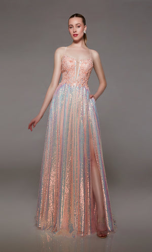 Iridescent pink opal sequin designer prom dress with an plunging neckline, floral lace appliques, high slit, zip-up back, crisscross straps, and an train for an captivating look.