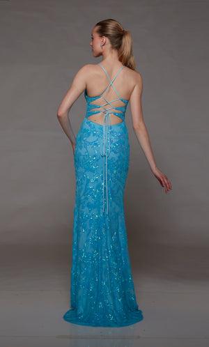 Light blue prom dress with floral sequins, sheer plunging neckline, high slit, strappy lace-up back, and train for an stylish and enchanting appearance.