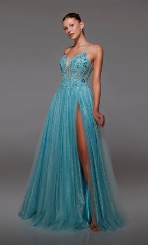 Aqua blue glitter tulle corset dress with sheer beaded lace bodice, high slit, lace-up back, and an touch of train for an dreamy and enchanting vibe.