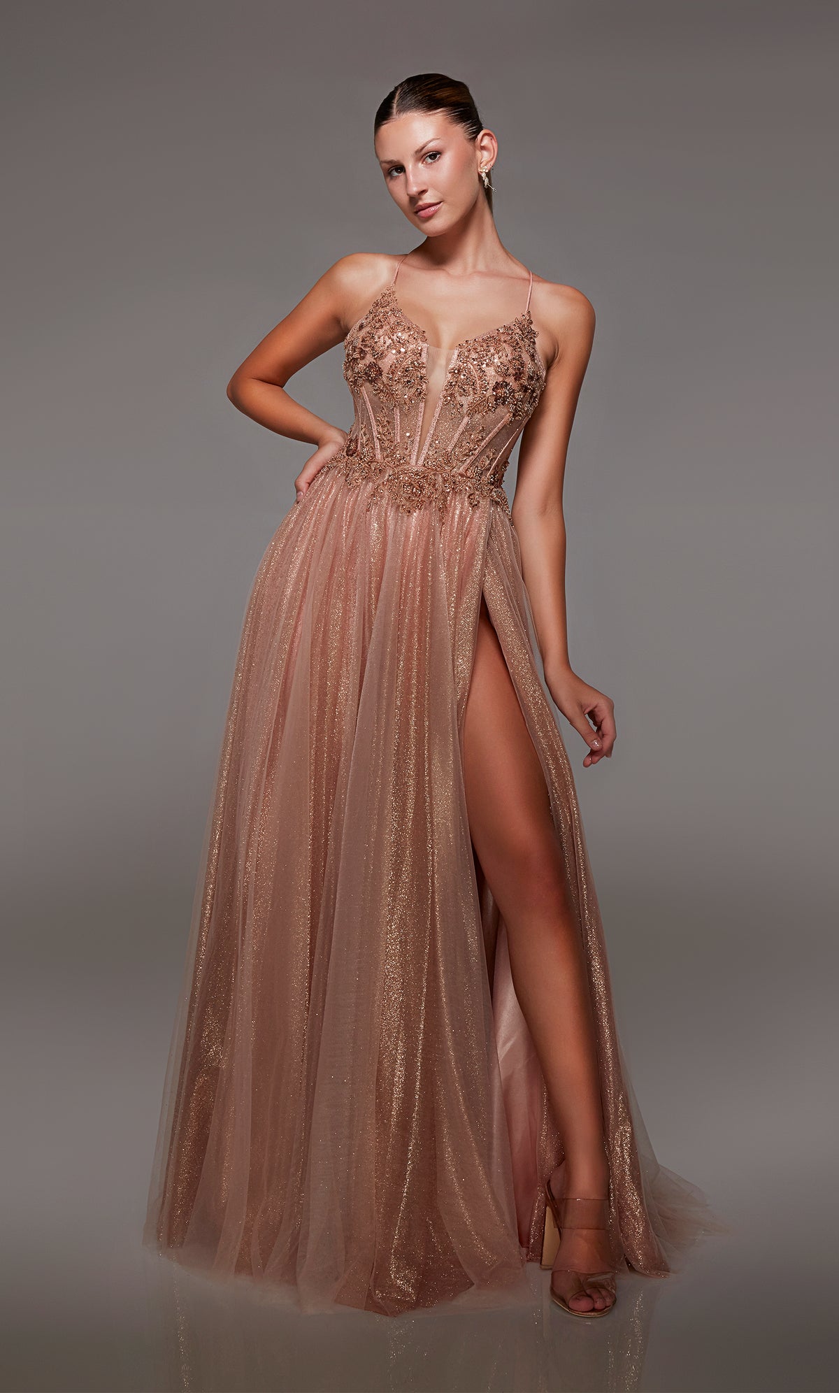 Gold glitter tulle corset dress with sheer beaded lace bodice, high slit, lace-up back, and an touch of train for an dreamy and enchanting vibe.