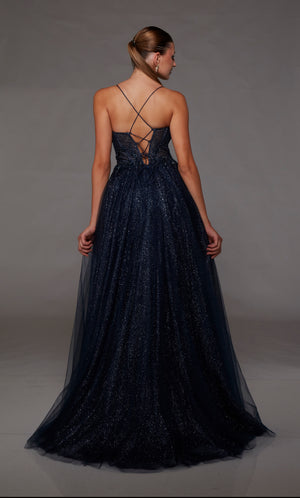 Midnight blue glitter tulle corset dress with sheer beaded lace bodice, high slit, lace-up back, and an touch of train for an dreamy and enchanting vibe.