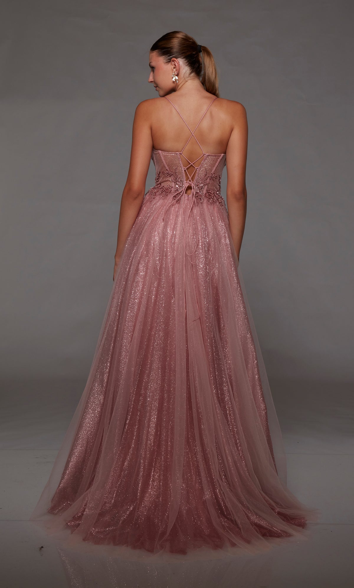 Pink glitter tulle corset dress with sheer beaded lace bodice, high slit, lace-up back, and an touch of train for an dreamy and enchanting vibe.