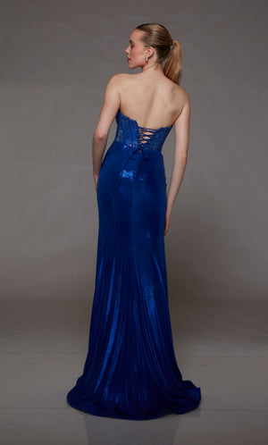 Royal blue prom dress: Strapless lace-up corset bodice with hotfix rhinestones, metallic stretch jersey skirt with ruching, front slit, and an graceful train.