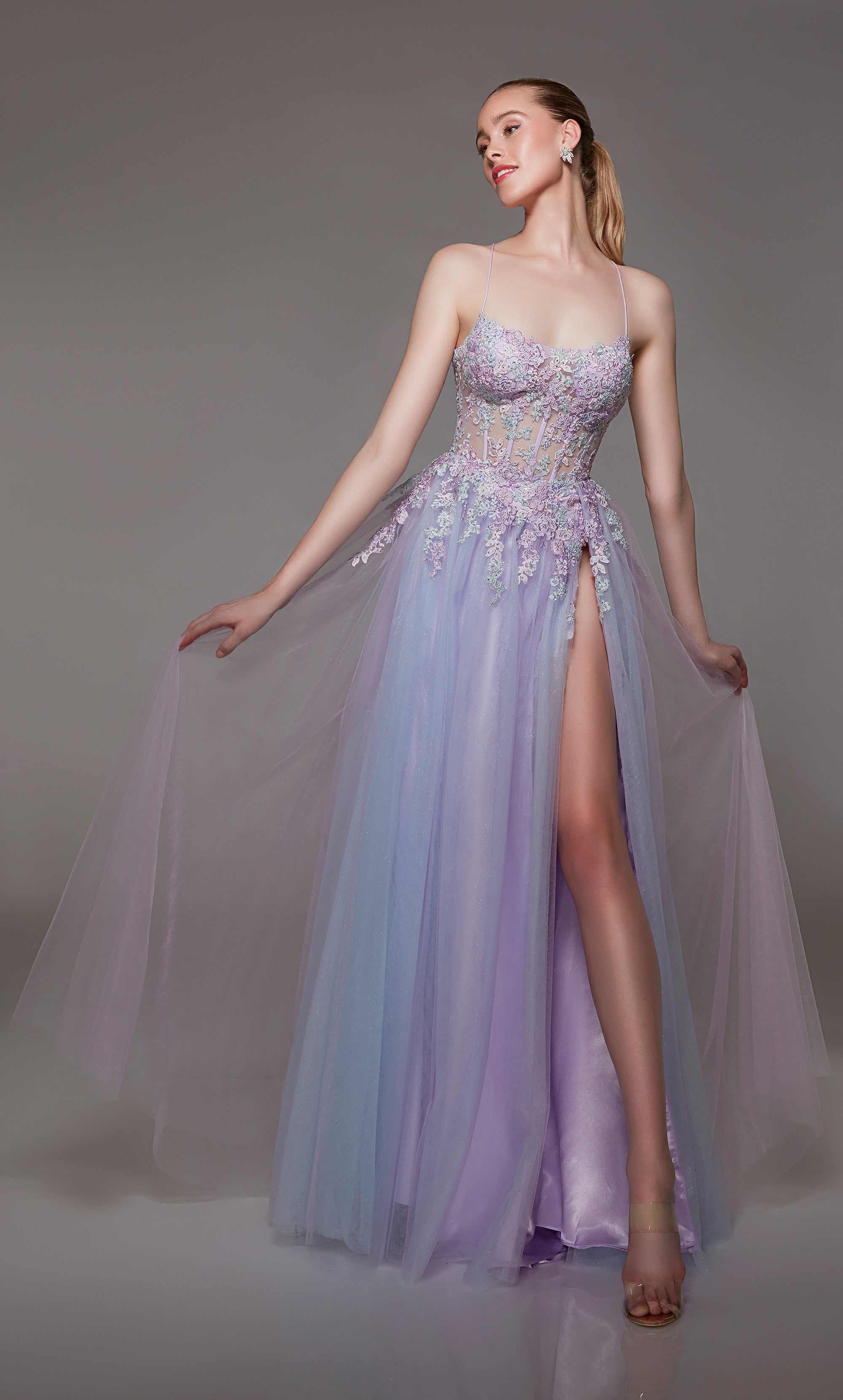 Tulle A-line corset prom dress in purple-pink: Sheer floral lace bodice, high slit, crisscross lace-up back, and an graceful train for an captivating look.