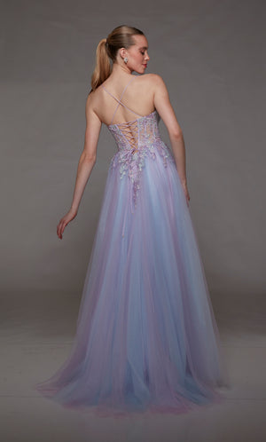 Tulle A-line corset prom dress in purple-pink: Sheer floral lace bodice, high slit, crisscross lace-up back, and an graceful train for an captivating look.