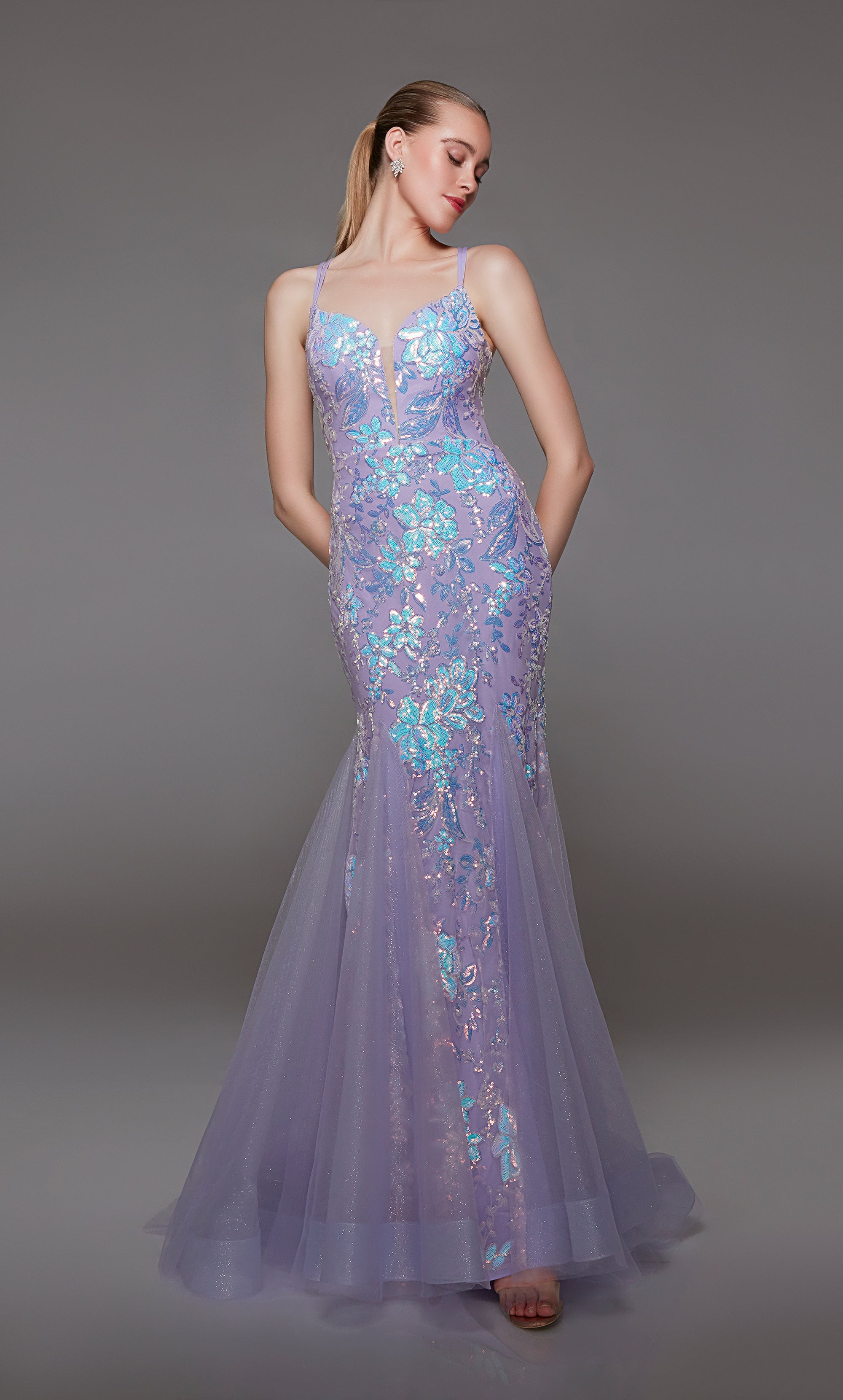 Lilac purple mermaid dress featuring an plunging neckline, iridescent sequin flowers, and an strappy open back for an chic and enchanting look.