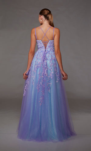 Purple-light blue glitter tulle A-line prom dress featuring an slightly scooped neckline, beaded floral lace appliques, and an lace up back closure for the perfect fit!