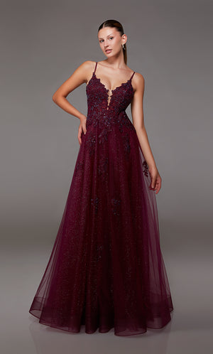 Dark red prom dress with an A-line silhouette, plunging neckline, beaded floral lace appliques, and an lace up back closure for the perfect fit!