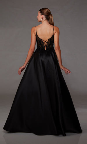 A-line black prom dress: Sheer plunging corset top with an lace-up back and beaded floral lace appliques for an stylish and enchanting look.