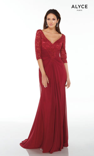 Long Wine mother of the groom dress with sleeves, a V-neckline, lace bodice, and gathered waistline