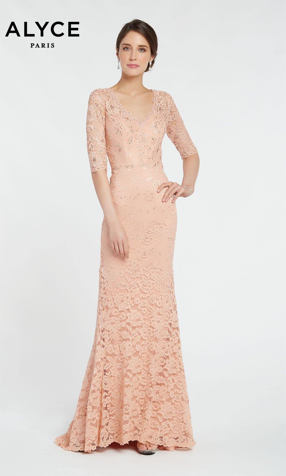Long Rose lace guest of wedding dress with sleeves and a V-neckline