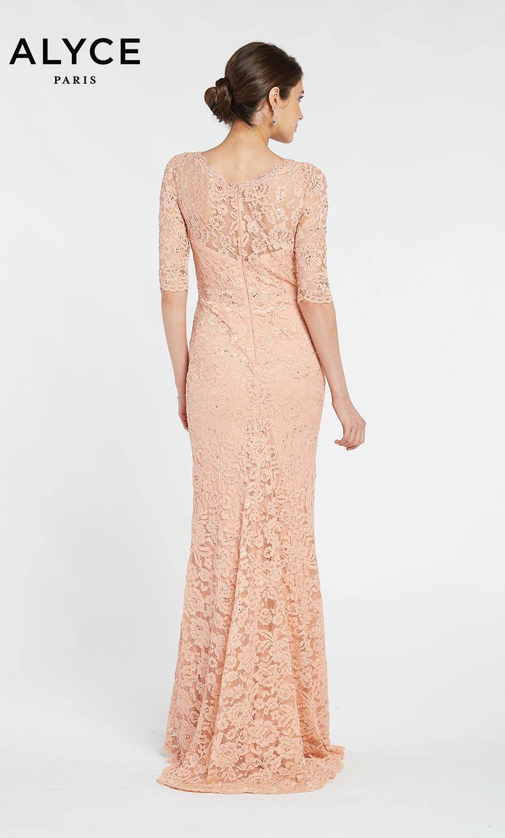 Alyce 27241 laced bodycon gown with elbow length sleeves and a V neckline